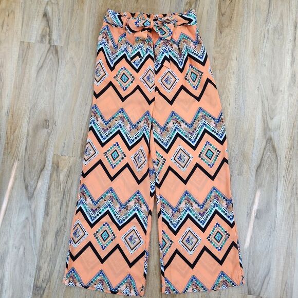 🍑Takara Peach & Multicolored Chevron Print Palazzo Pants Small - Picture 2 of 10